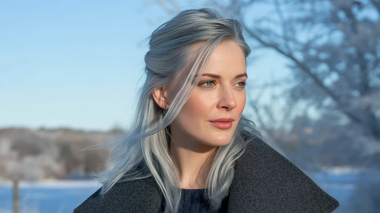 A winter outdoor portrait of a woman with silver highlights catching clear cold winter daylight creating crystalline luminous metallic shimmer against a bare branch winter background