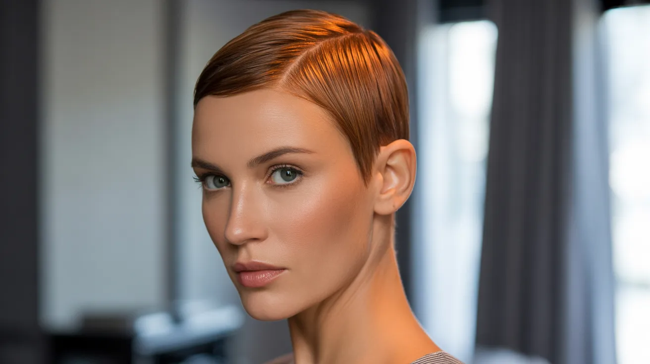 short hair caramel highlight placement showing warm golden brown tones concentrated through the crown and top sections of a close cut style