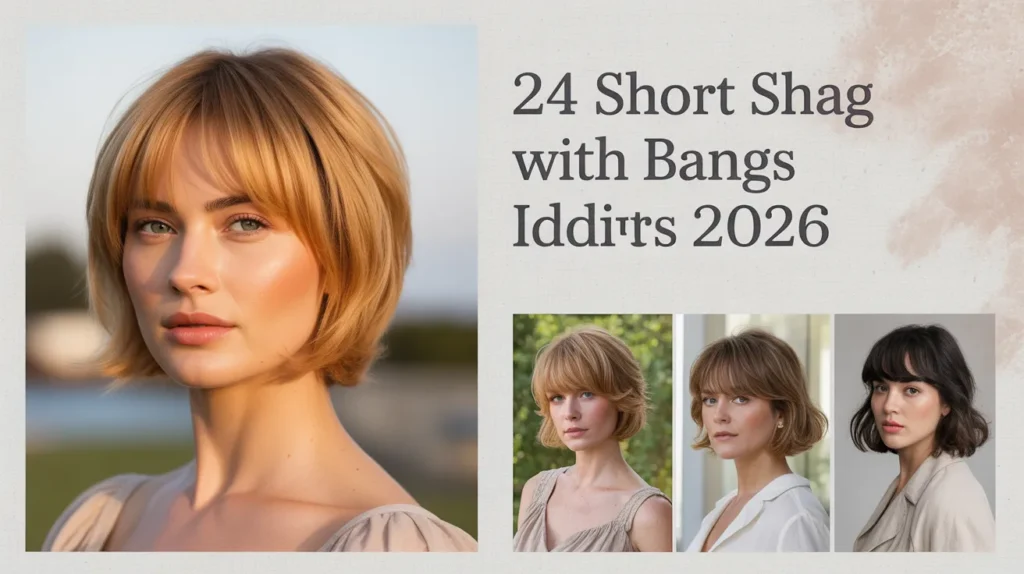 A woman with a stylish short shag with bangs looking fresh and modern in natural lighting.