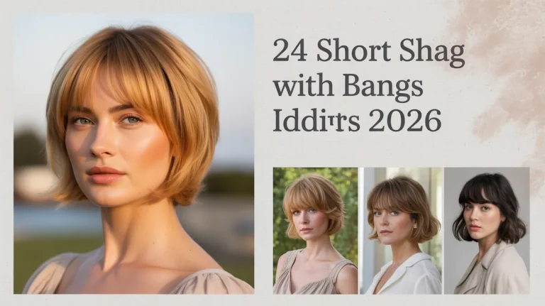 A woman with a stylish short shag with bangs looking fresh and modern in natural lighting.