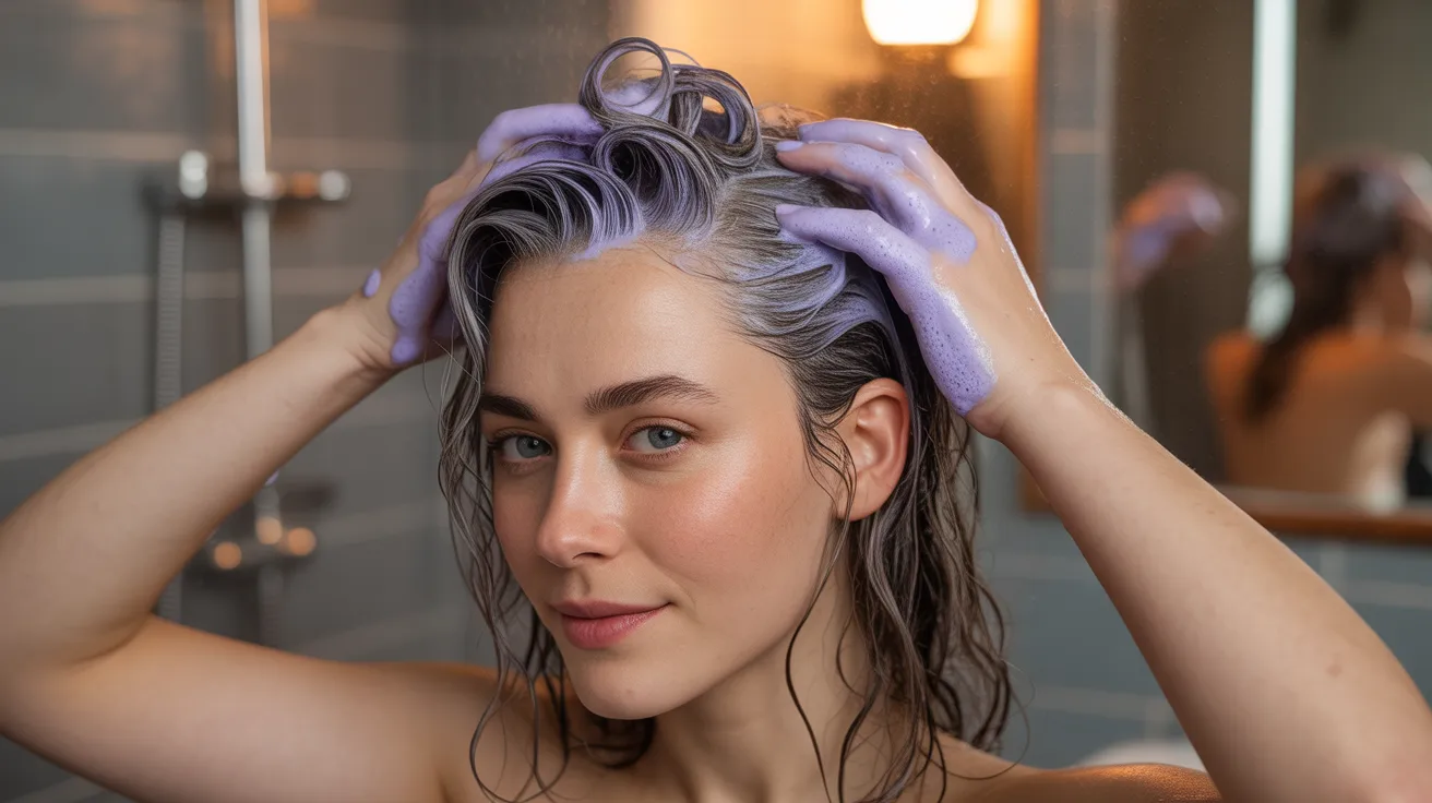 A portrait of a woman showing silver highlights maintenance with a woman applying deep violet purple toning shampoo to wet silver highlighted hair in a real bathroom environment