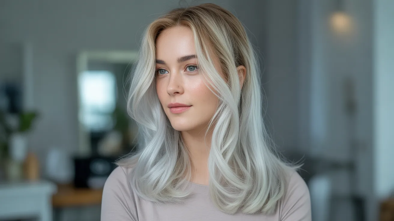 A close up portrait of a woman with silver toner applied over pre-lightened blonde hair showing cool icy silver tone with natural tonal variation in soft cool diffused window light