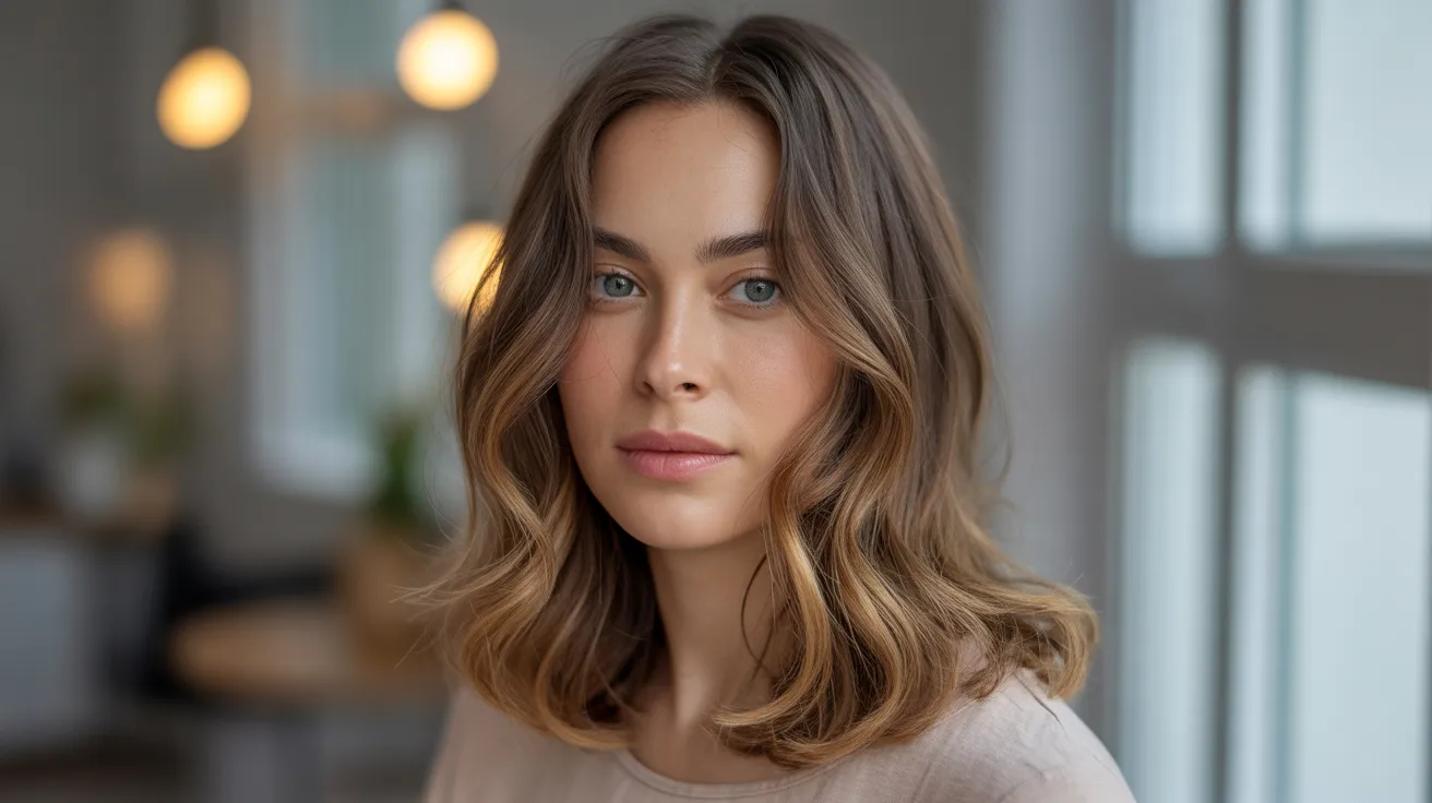 soft blended caramel highlights tones on medium length brown hair with warm golden color melting naturally from mid lengths to ends