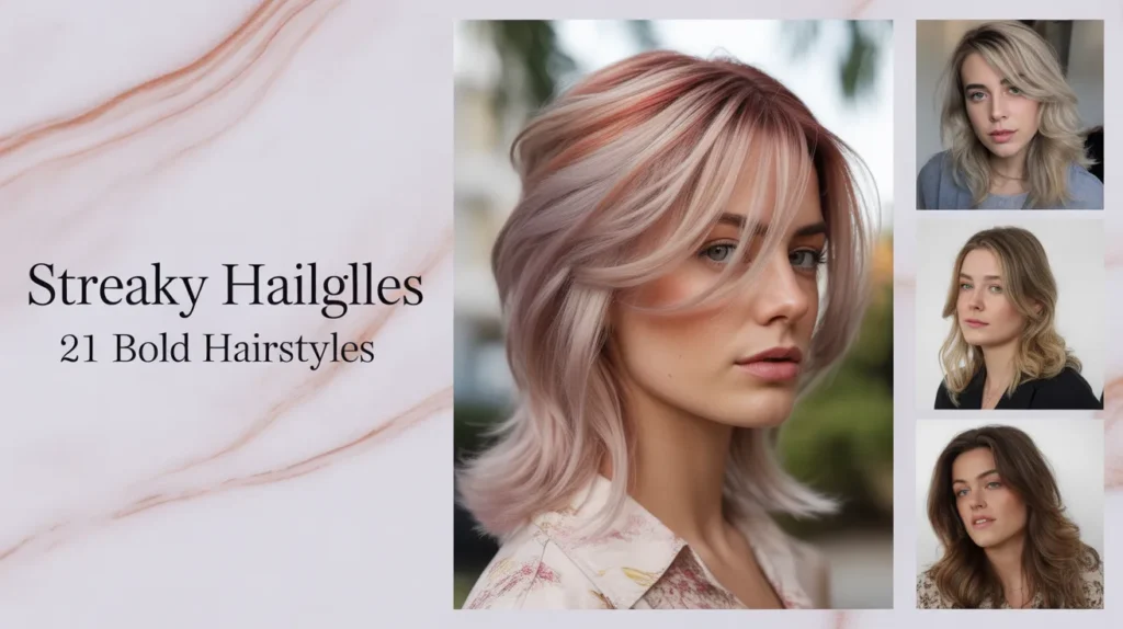 Woman with streaky highlights in warm caramel and cool ash blonde tones wearing a neutral outfit in natural light