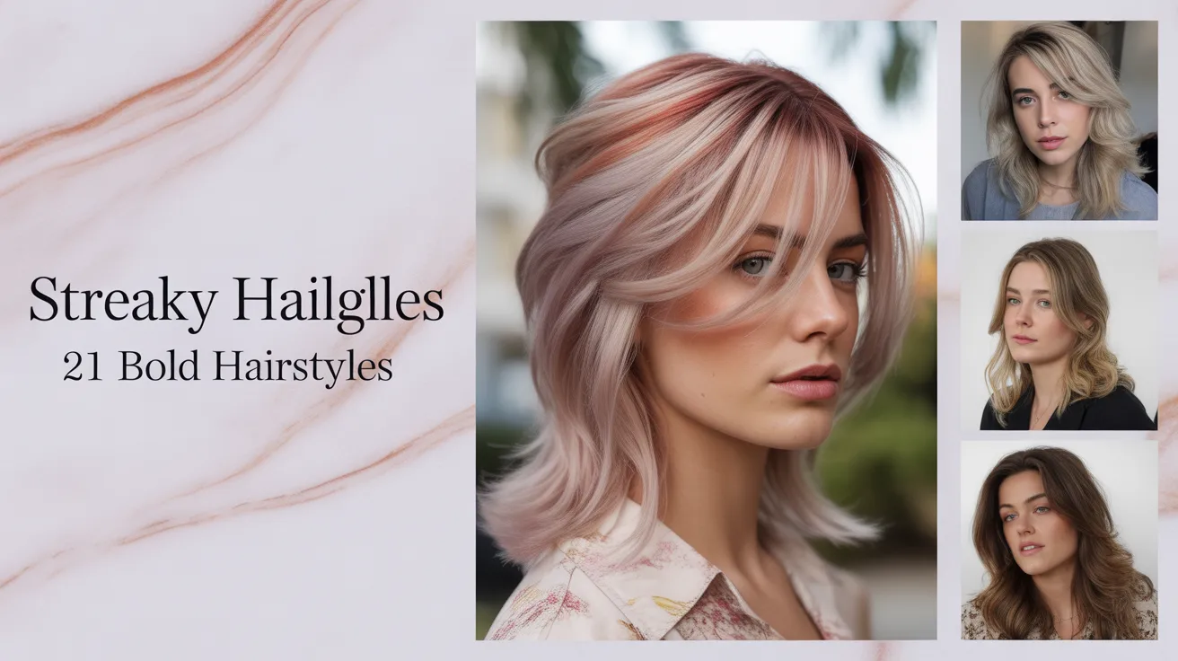 Woman with streaky highlights in warm caramel and cool ash blonde tones wearing a neutral outfit in natural light