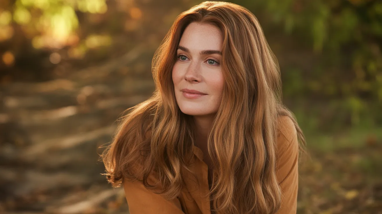 summer to fall caramel transition with warm golden summer tones beginning to deepen into a richer autumnal golden brown