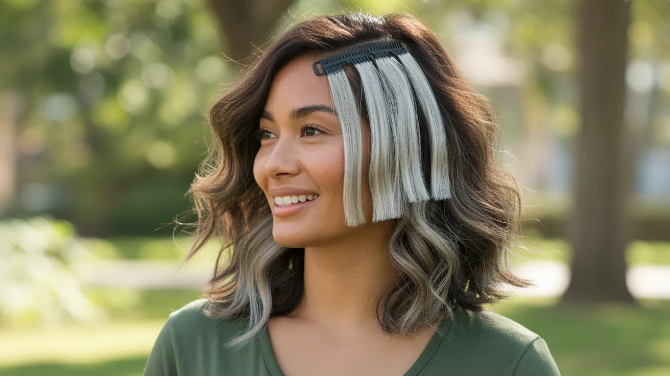 A portrait of a mixed heritage woman with temporary silver clip-in highlight extensions blended into dark brown shoulder length hair in soft natural afternoon outdoor light