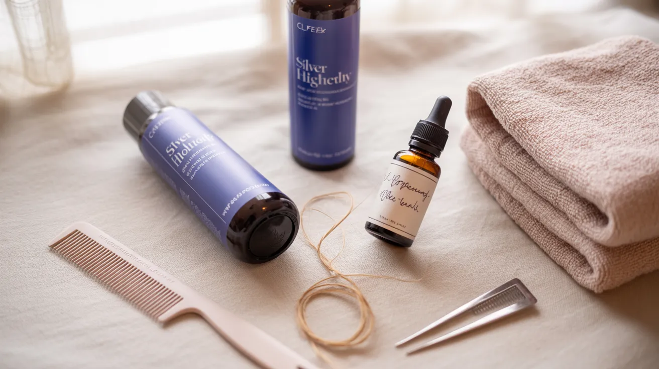 A flat lay overhead shot of silver highlights maintenance products including purple toning shampoo conditioner hair oil microfiber towel and comb on a soft warm white linen surface