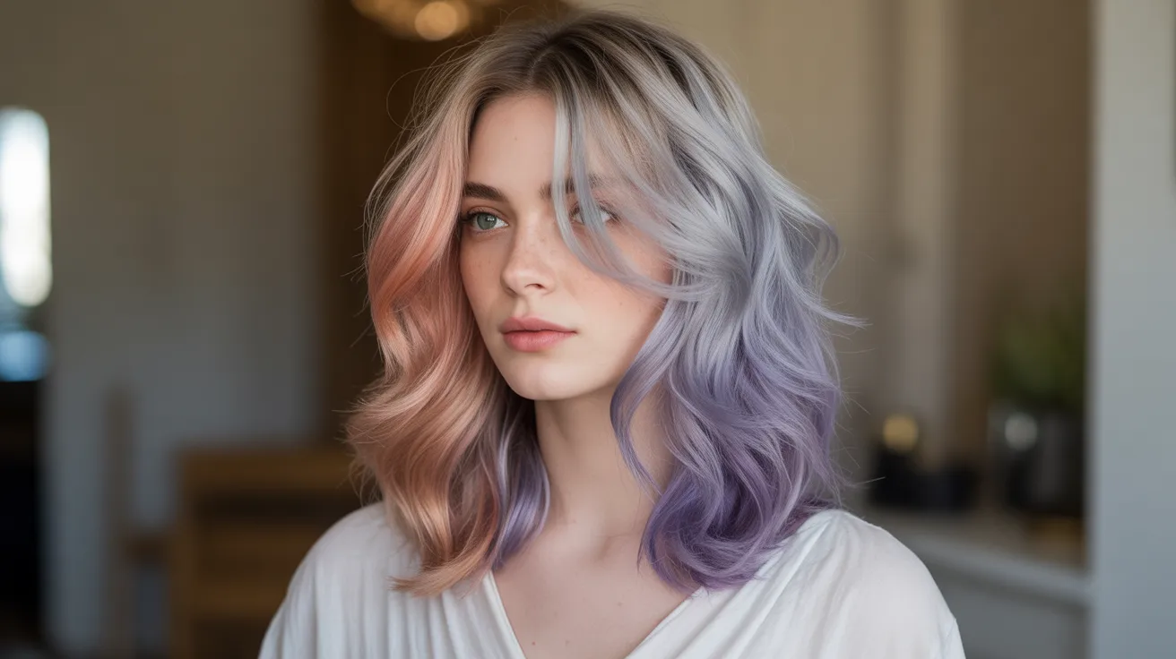 A close up portrait of a woman with a multi-tonal silver lavender and rose gold highlight combination in medium length hair styled in a textured wave in warm diffused indoor light