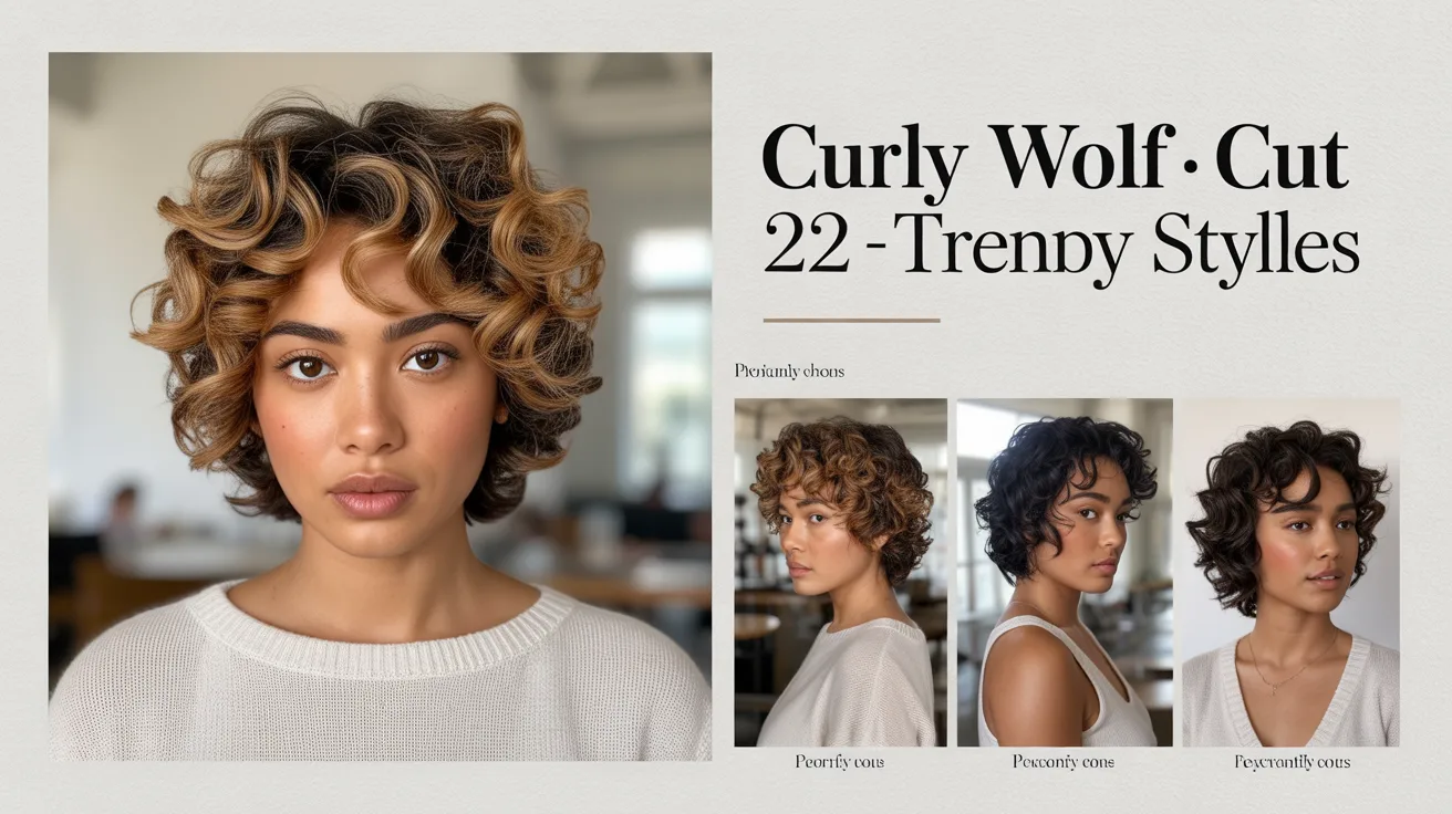 A woman showcasing a voluminous curly wolf cut with multidimensional brown and honey highlights.
