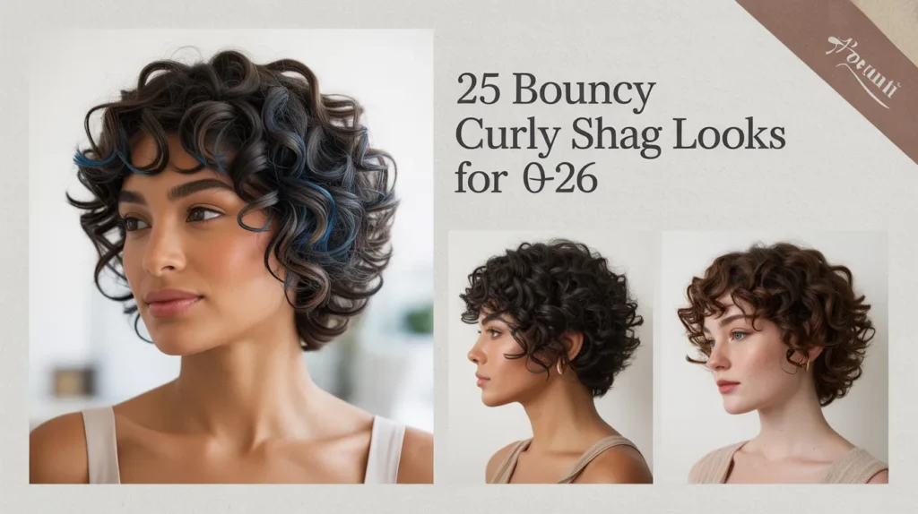 A high fashion featured image showing a woman with a voluminous bouncy curly shag hairstyle.
