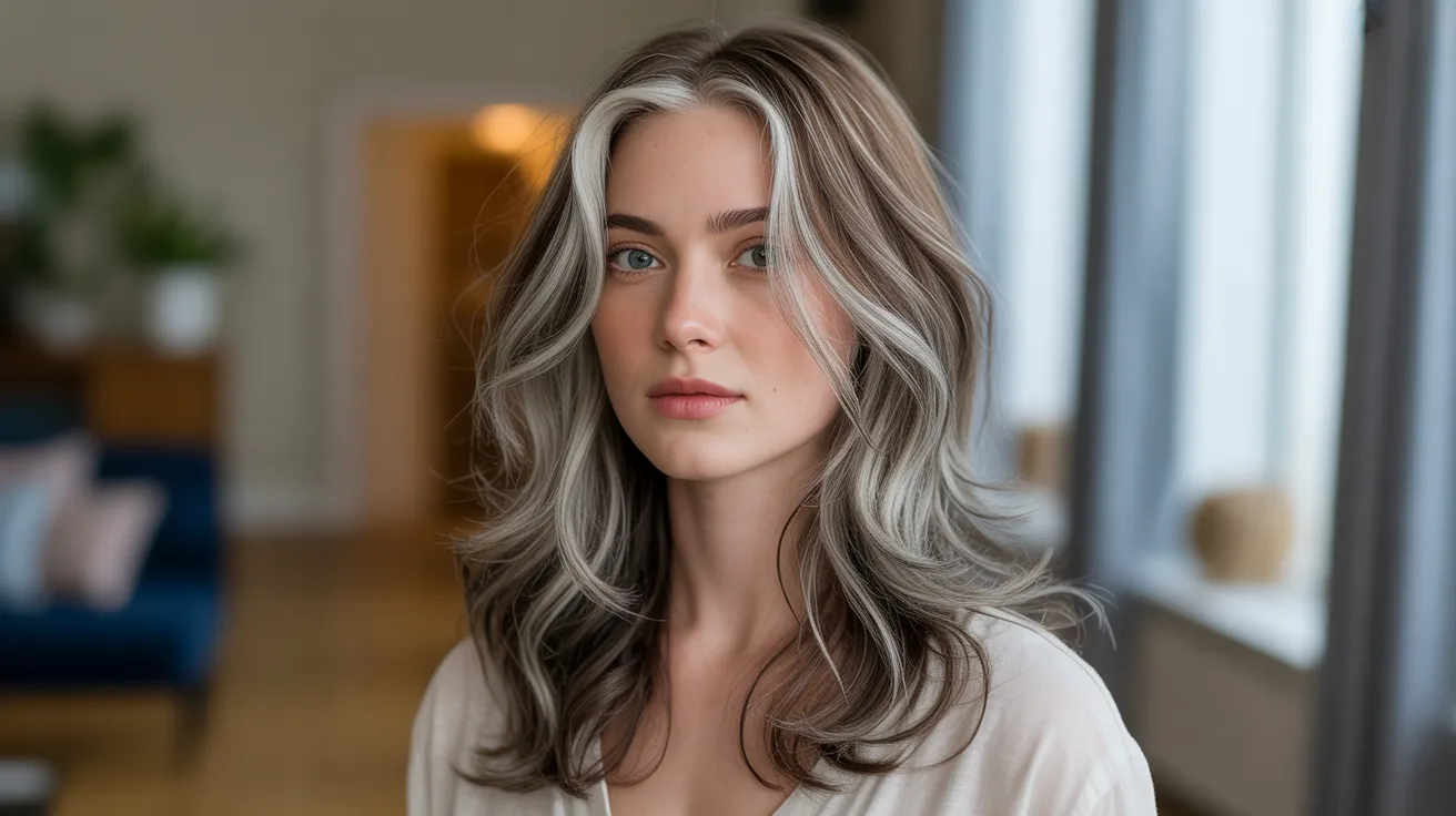 A close up portrait of a woman showing what silver highlights actually are with cool metallic silver strands woven through warm brown base hair in natural soft light