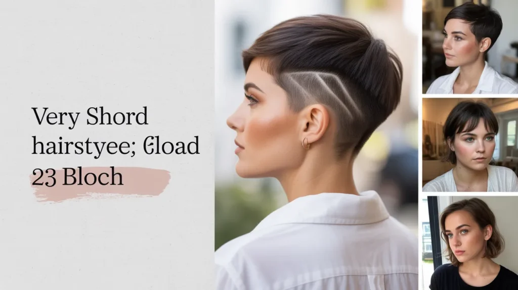 Woman with very short textured pixie cut in espresso brown color