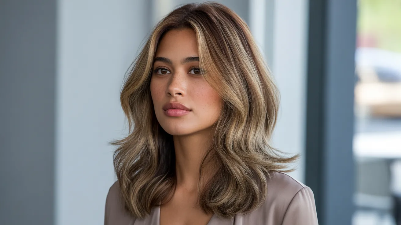 warm ash blend caramel highlights showing a sophisticated mix of cool ash and warm golden brown tones in perfect balanced harmony