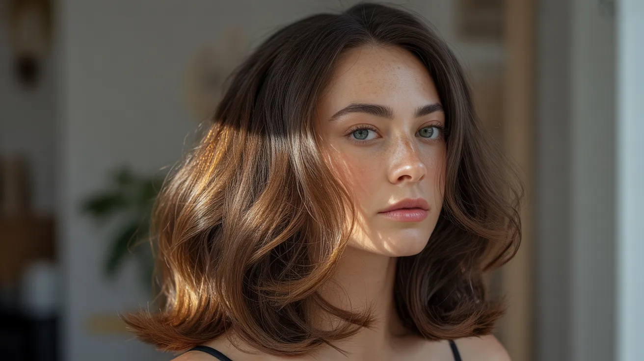 warm brunette dimension achieved with caramel tones layered through dark brown hair adding rich depth and natural movement