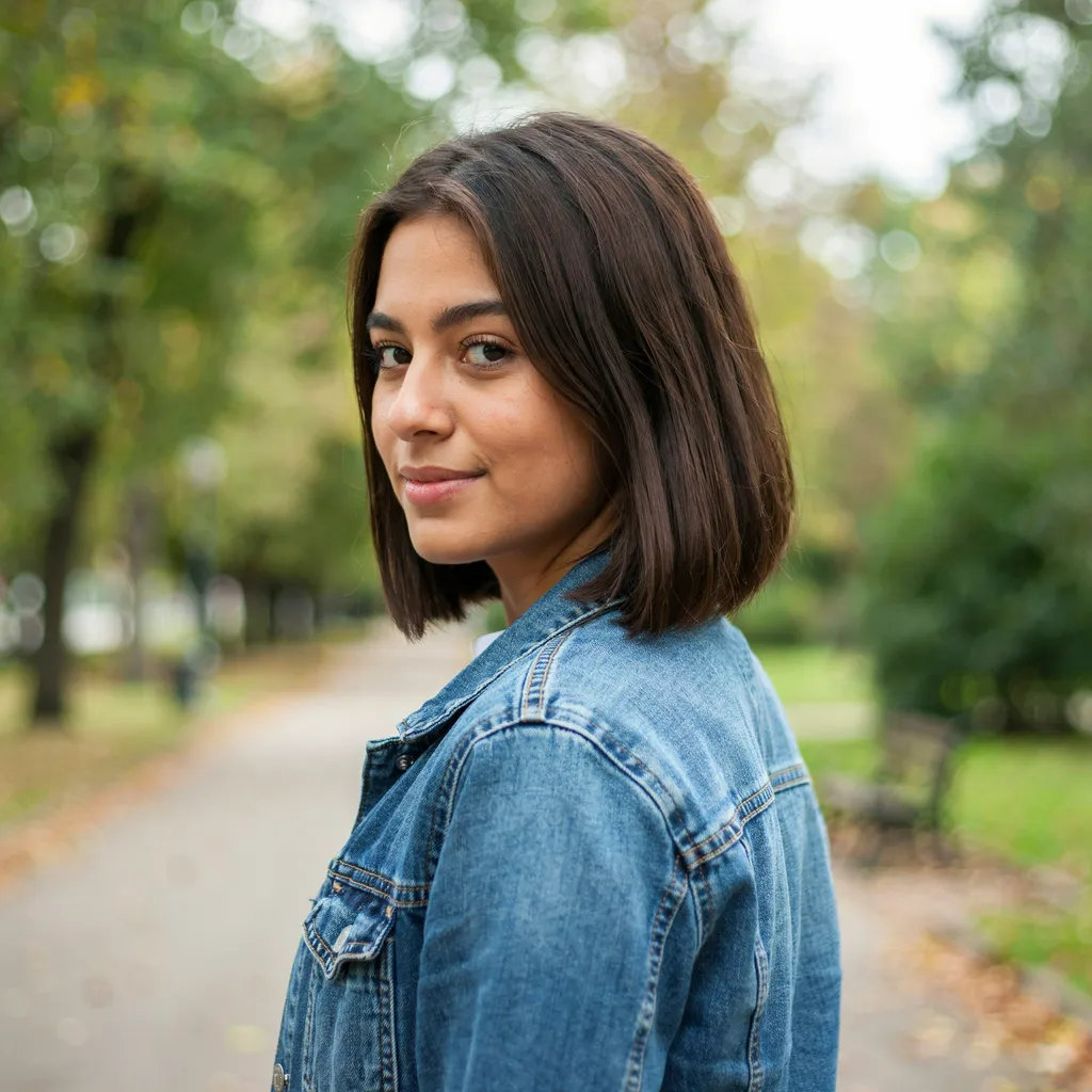 Asymmetrical bob with dark chocolate glaze brown hair