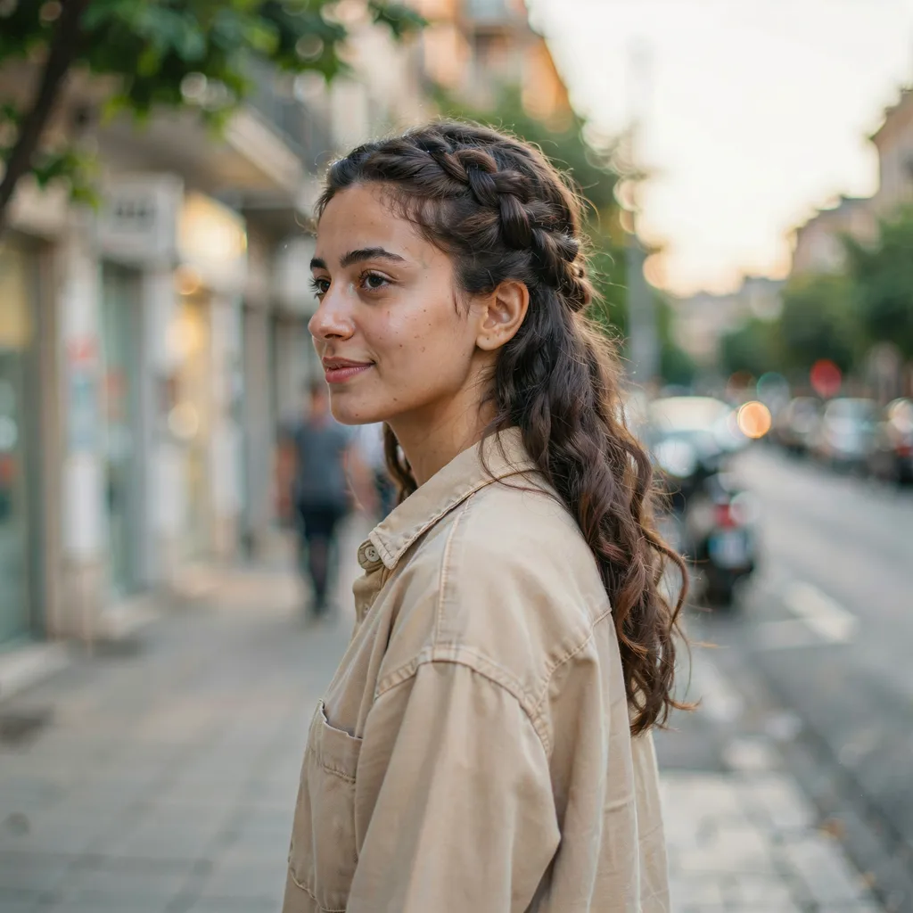 Braided crown soft romantic effect brown hair