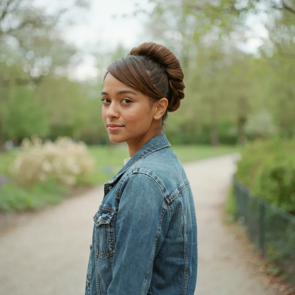 Classic French twist with side sweep brown hair