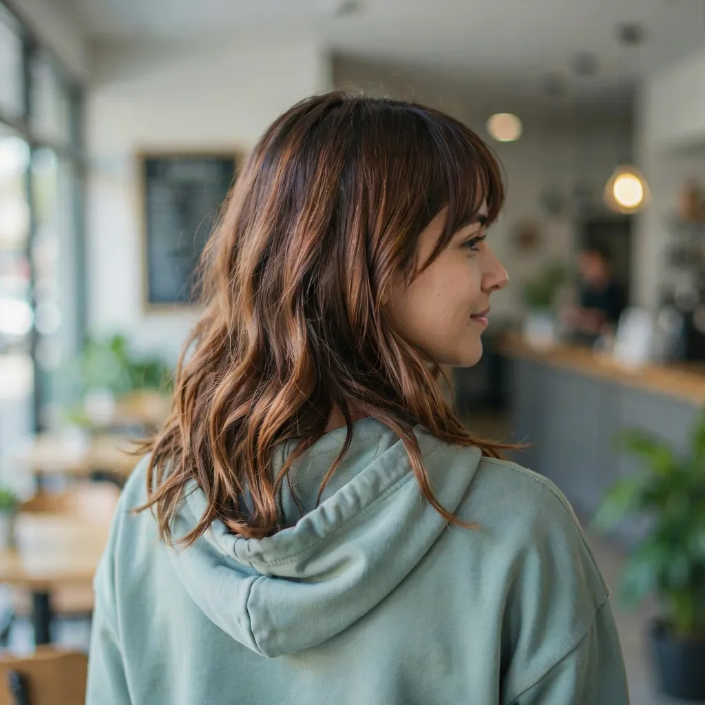 Cowboy copper red hair style with long curtain bangs