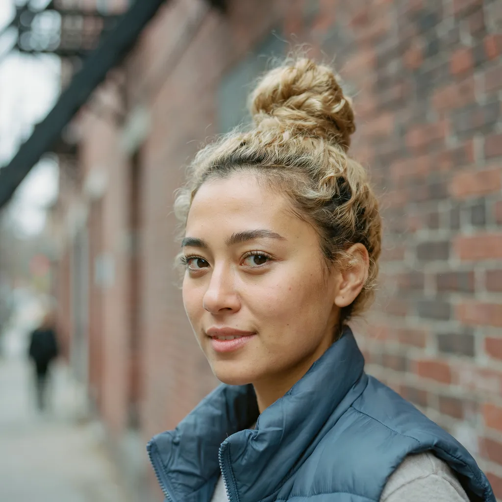 Curly top knot with tapered sides