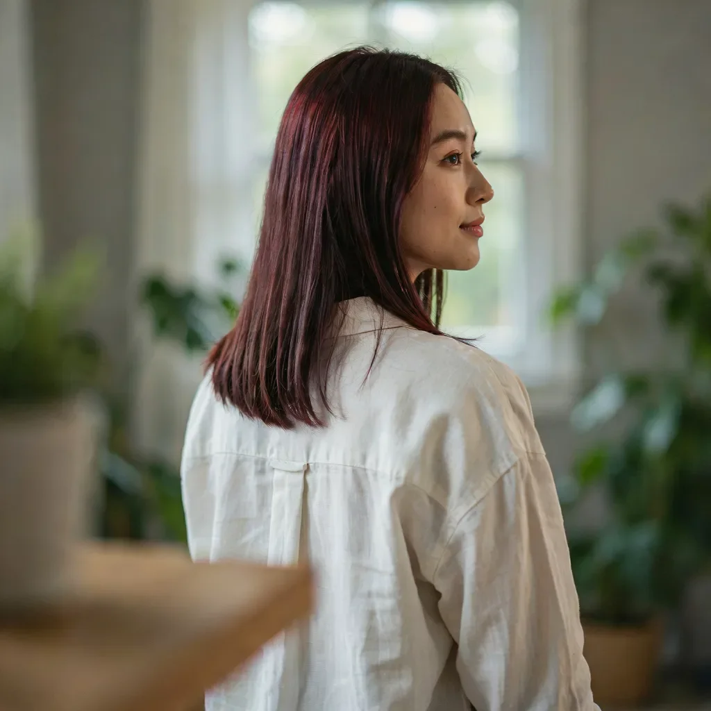 Dark red velvet hair style with glass-like shine