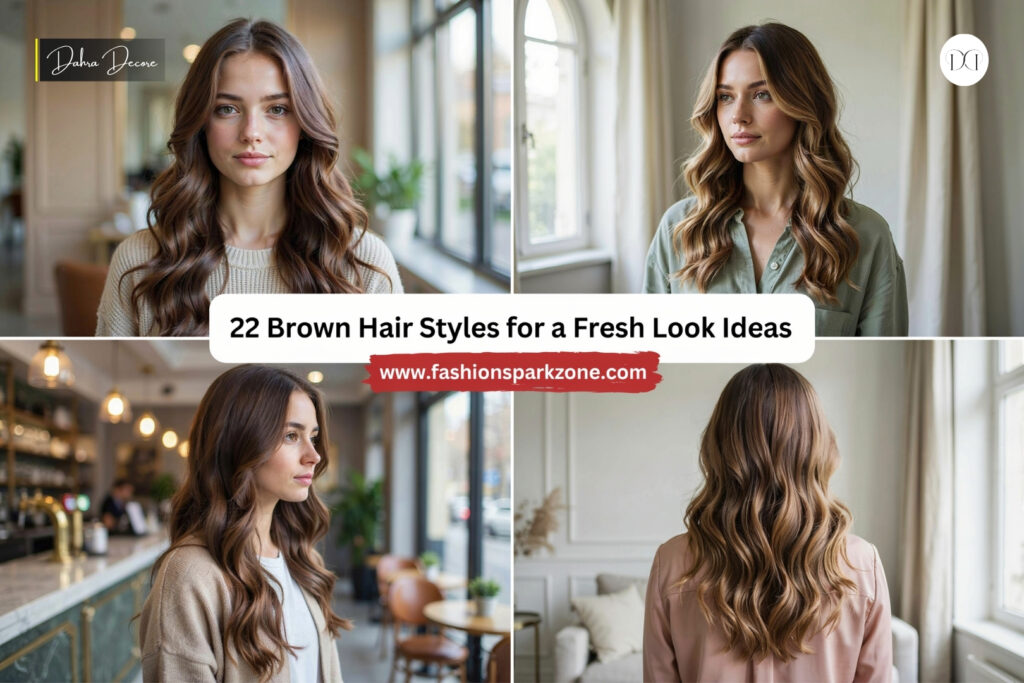 A woman with rich brown hair styled in loose beachy waves and soft golden highlights.
