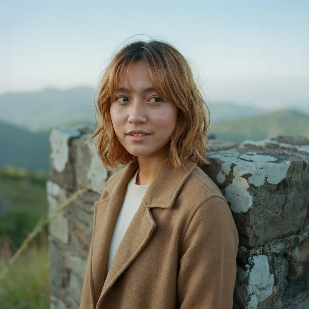 Natural ginger shag red hair style with wispy bangs