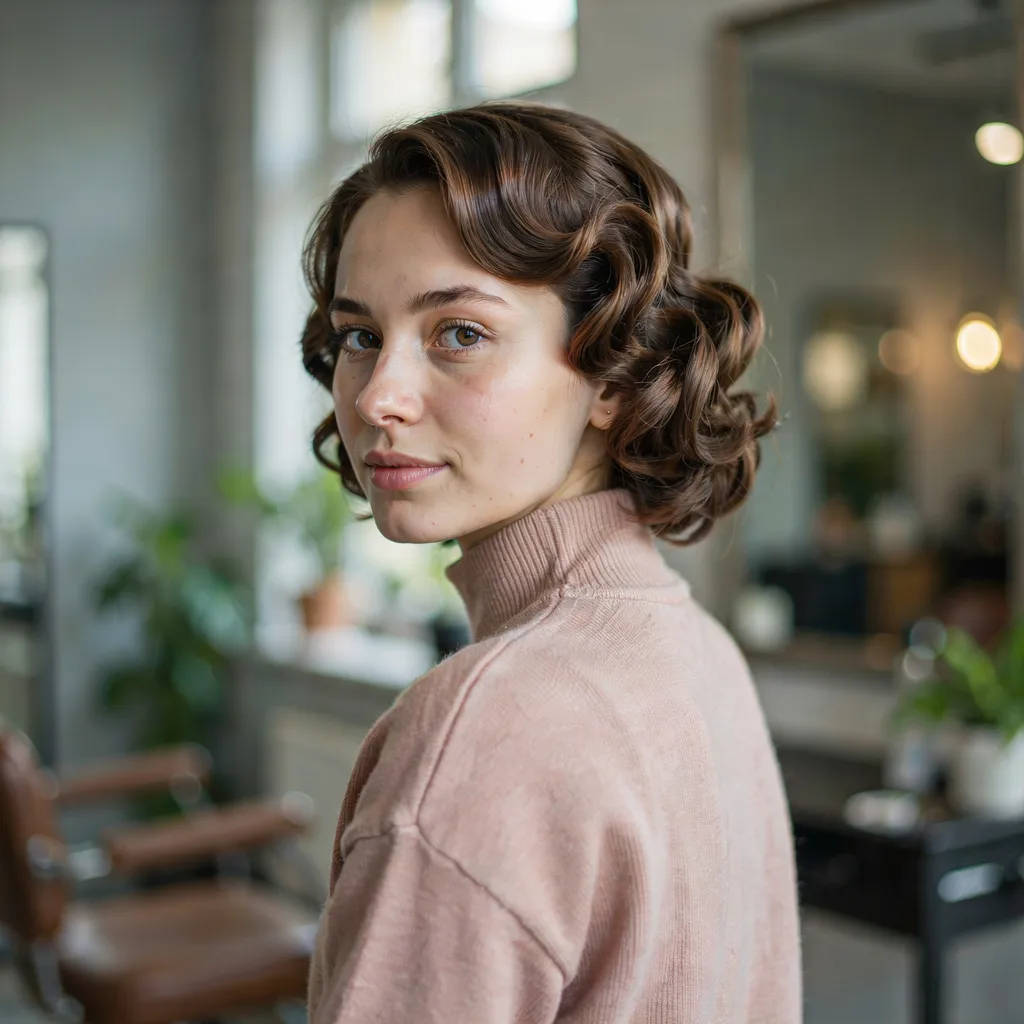 Pin curled vintage waves for evening wear brown hair