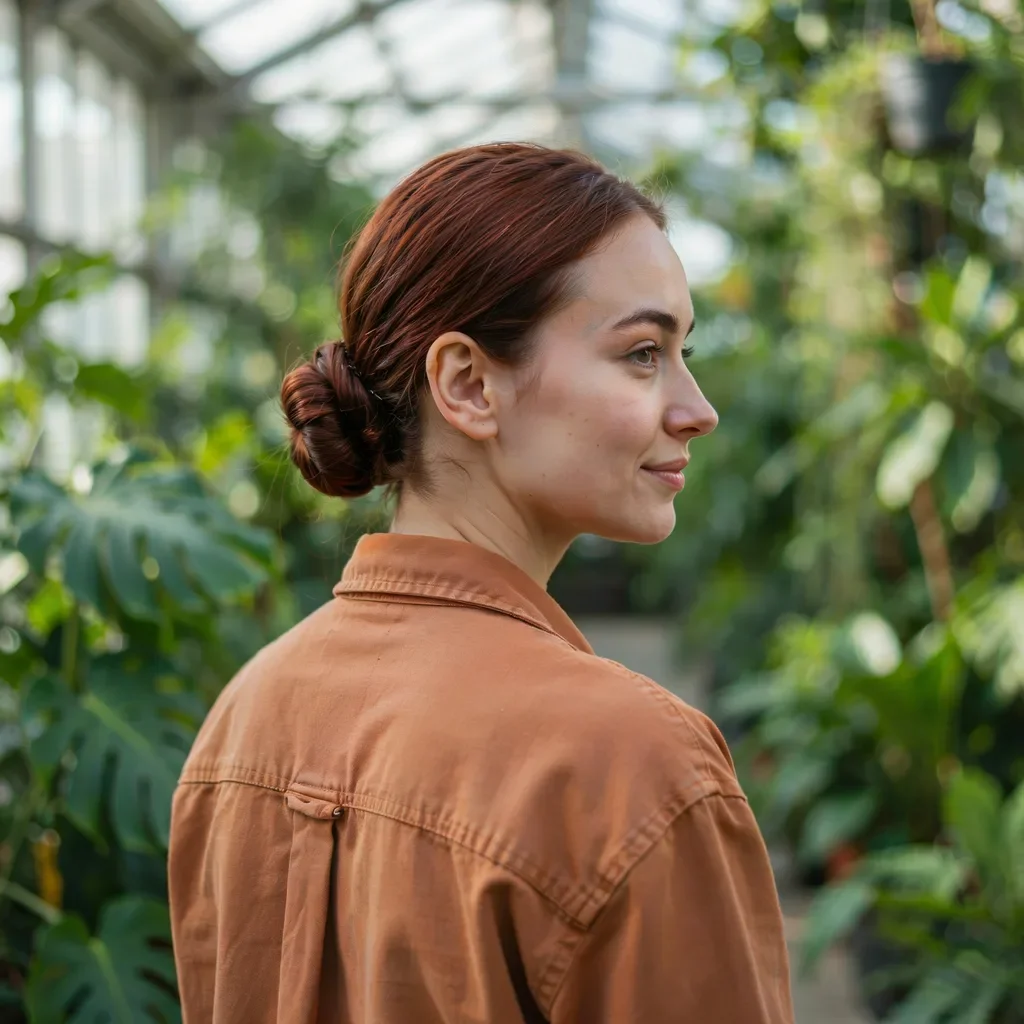 Rosewood red hair style with sleek low bun