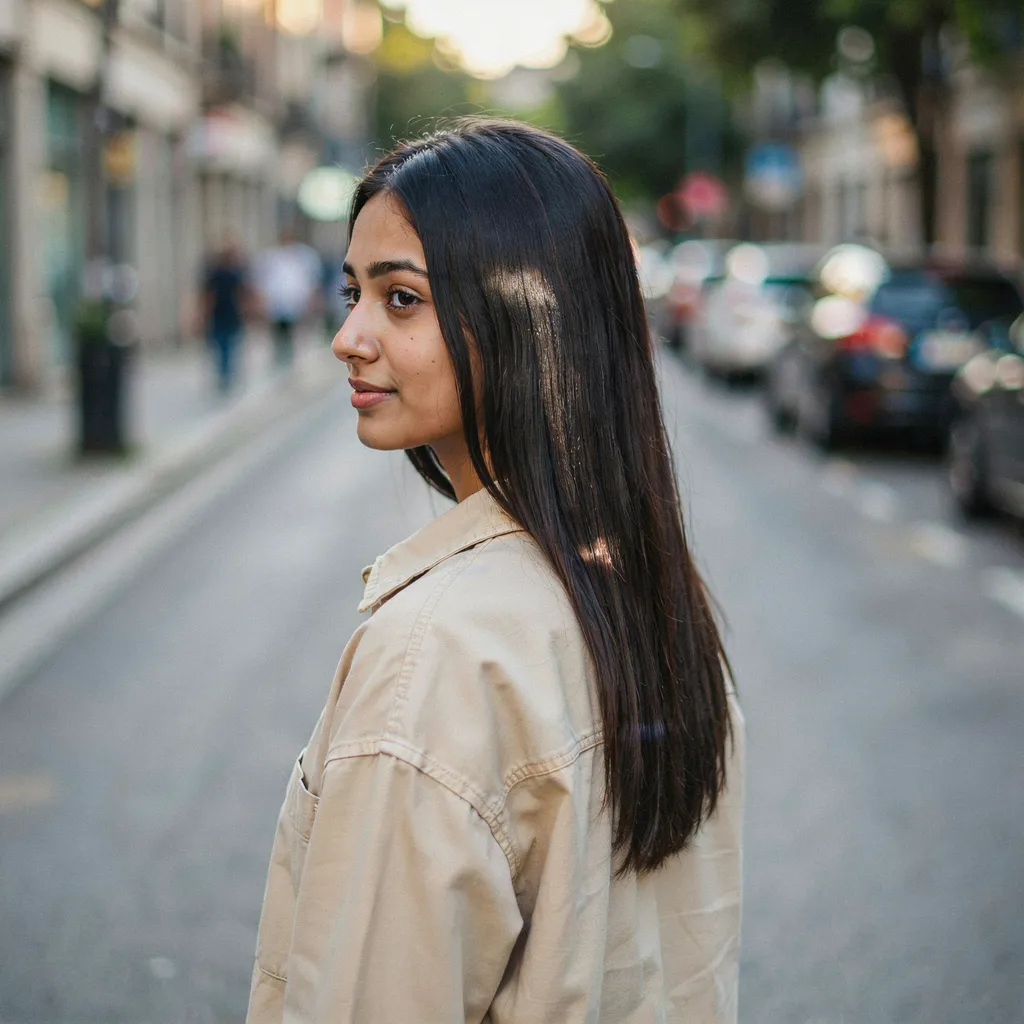 Sleek straight middle part glass shine brown hair