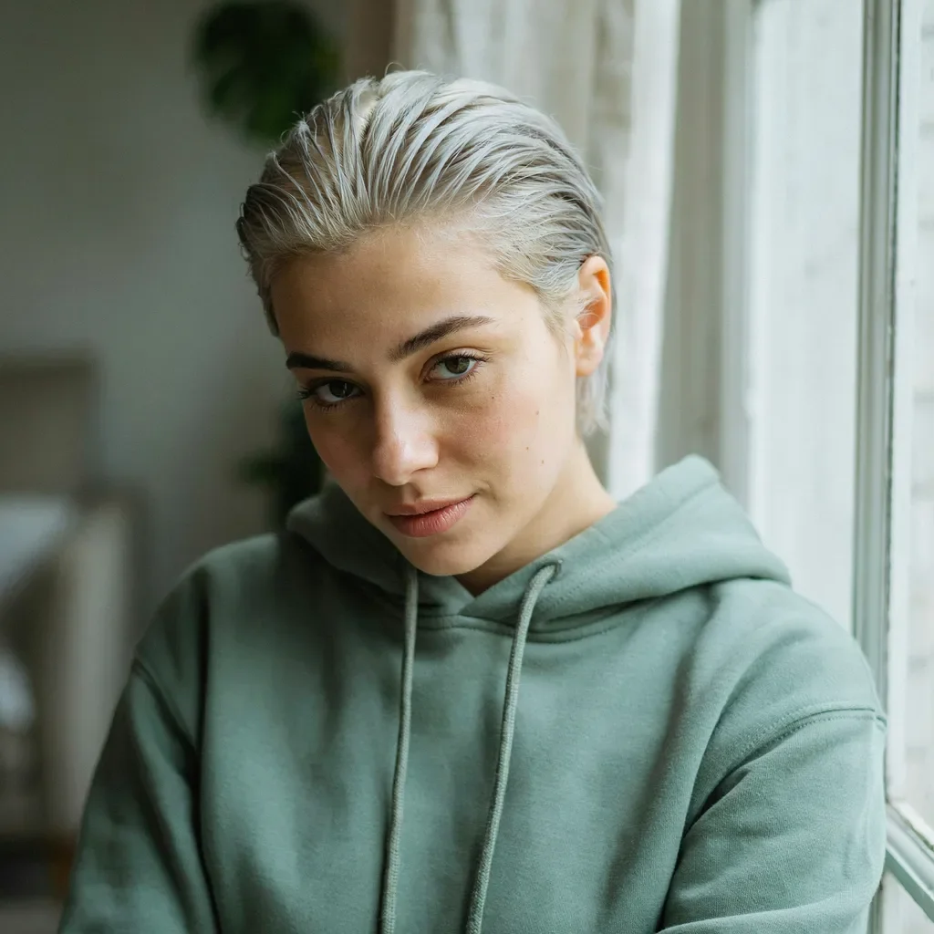Slicked-back short hairstyle emphasizing bone structure