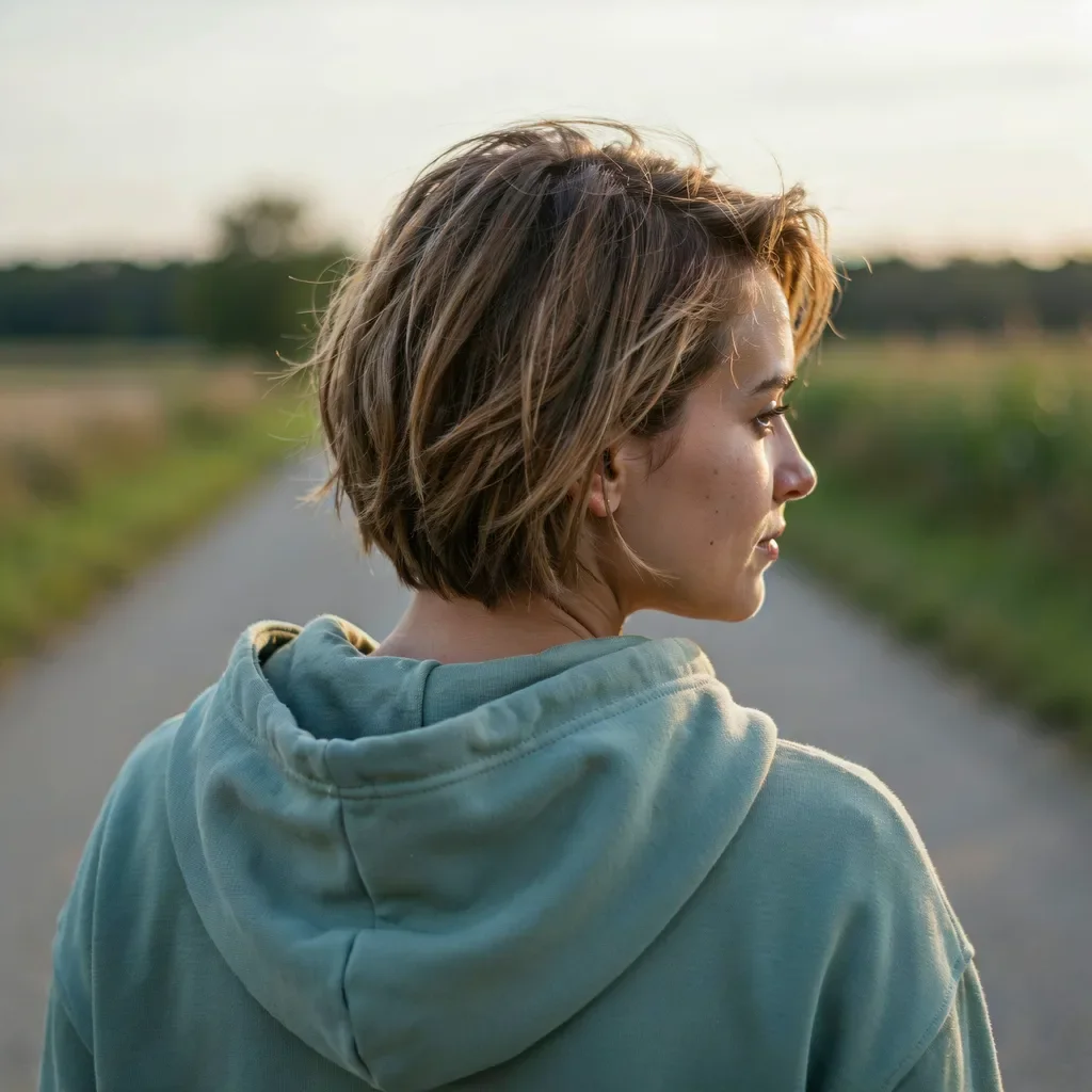 Textured crop short hairstyle with choppy layers