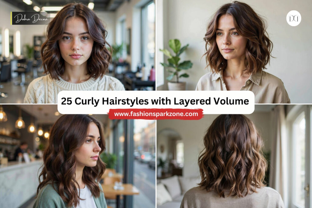 A layered curly hairstyle with cascading volume and soft face framing tendrils around the shoulders.