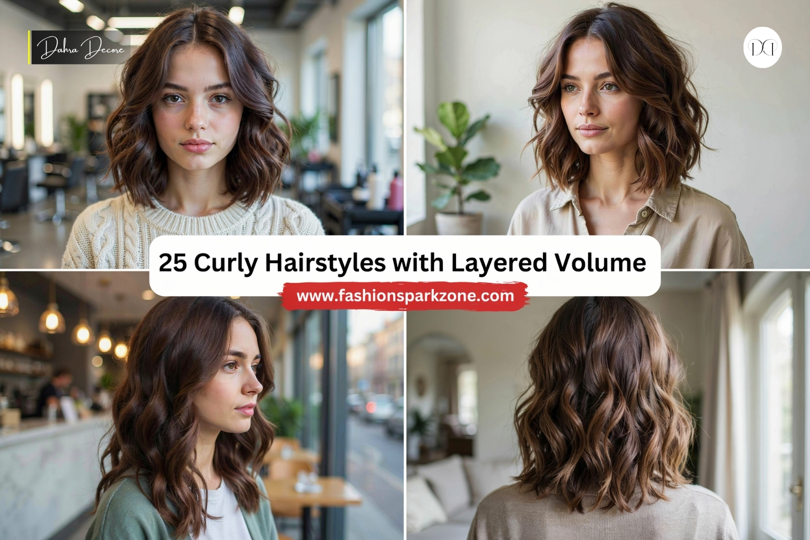 A layered curly hairstyle with cascading volume and soft face framing tendrils around the shoulders.