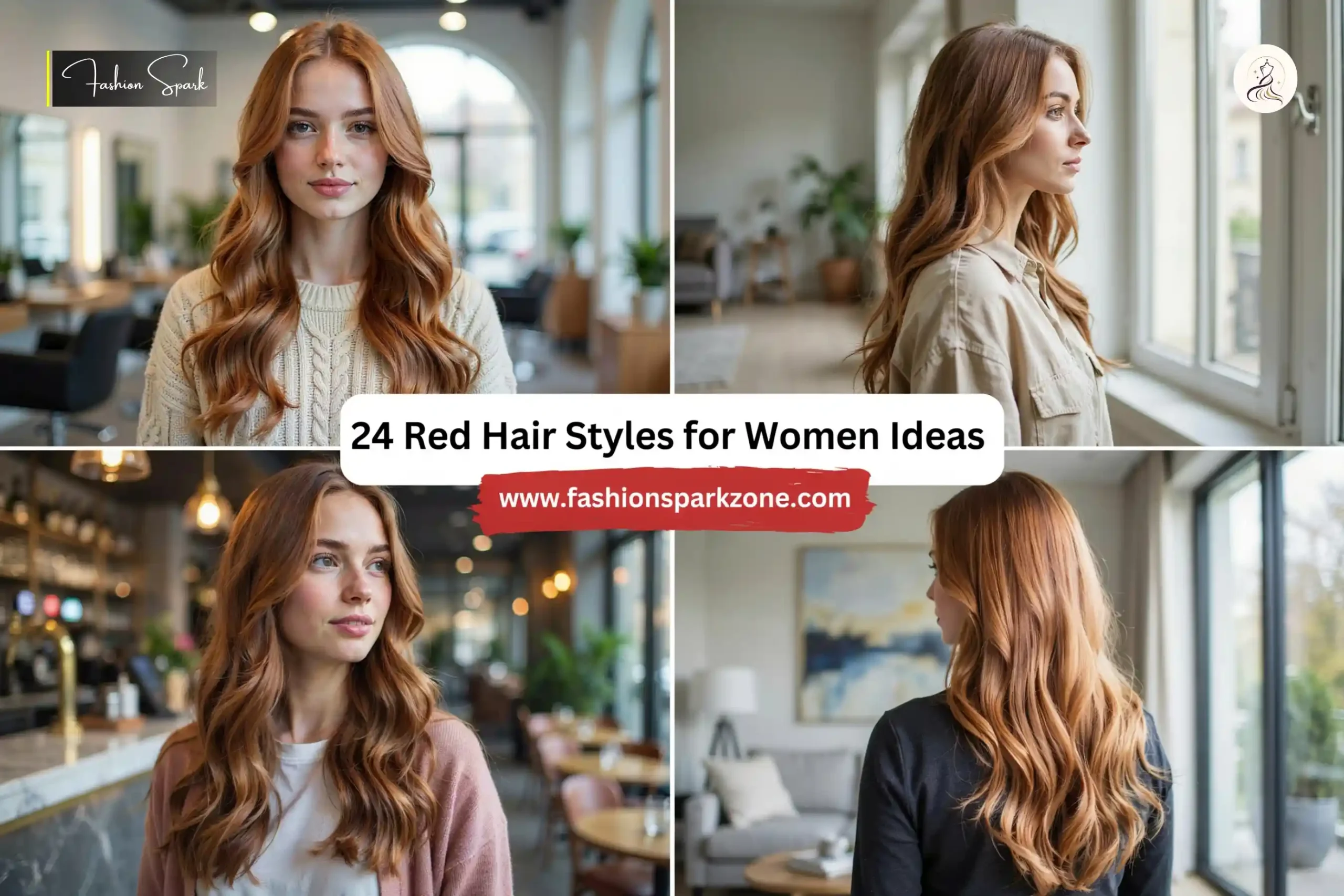 A vibrant lineup showcasing twenty four red hair styles in shades from copper to cherry