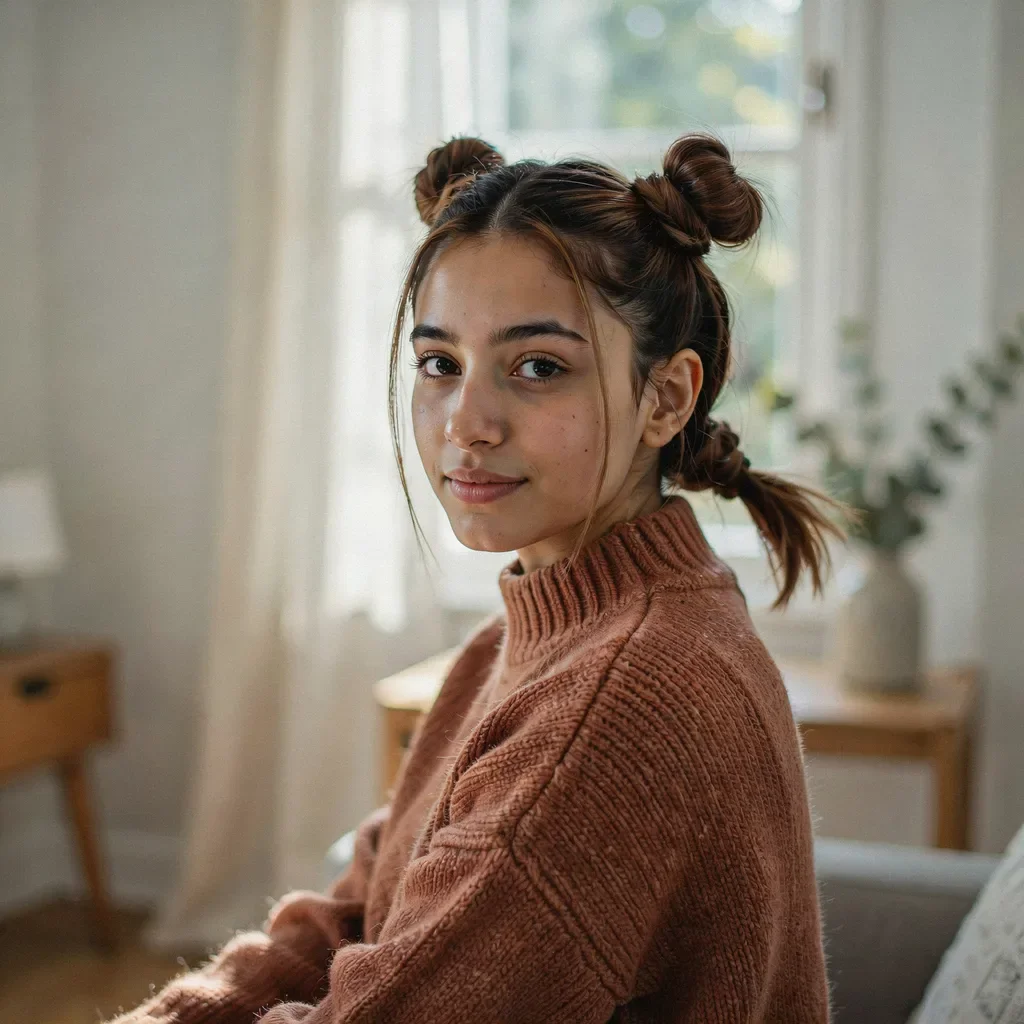 Zigzag part with twin mini space buns school hairstyle