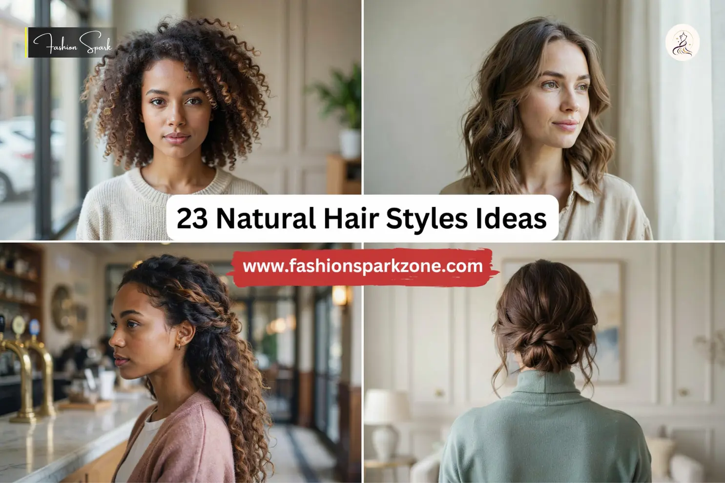 A beautiful collage of twenty three natural hair styles featuring soft layers, coils, waves, and elegant updos for every texture.