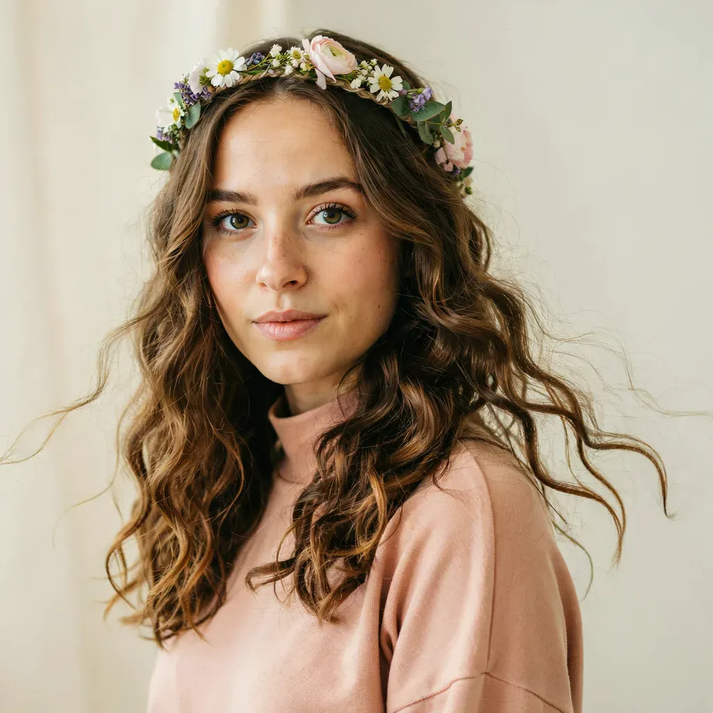 Bohemian flower crown with loose curls for brides