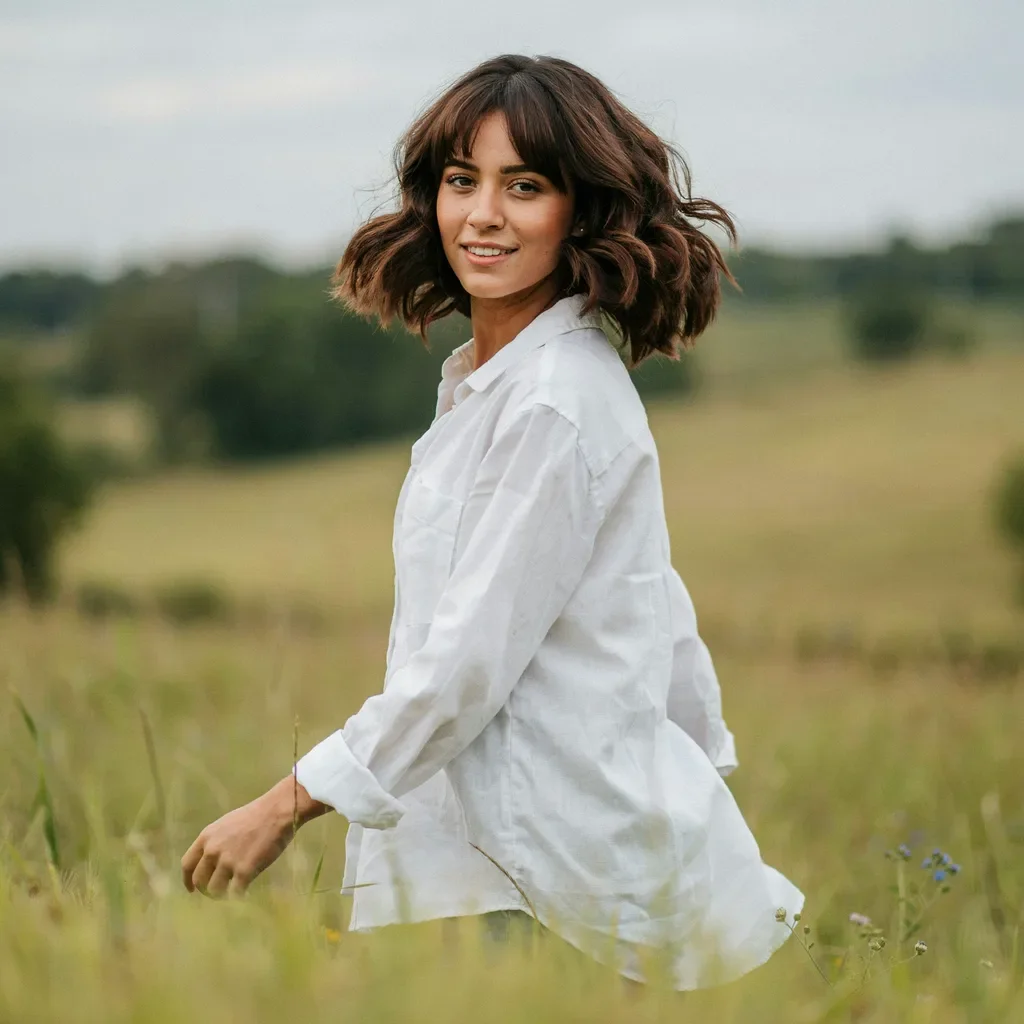 Bouncy blowout with curtain bangs for medium length hair