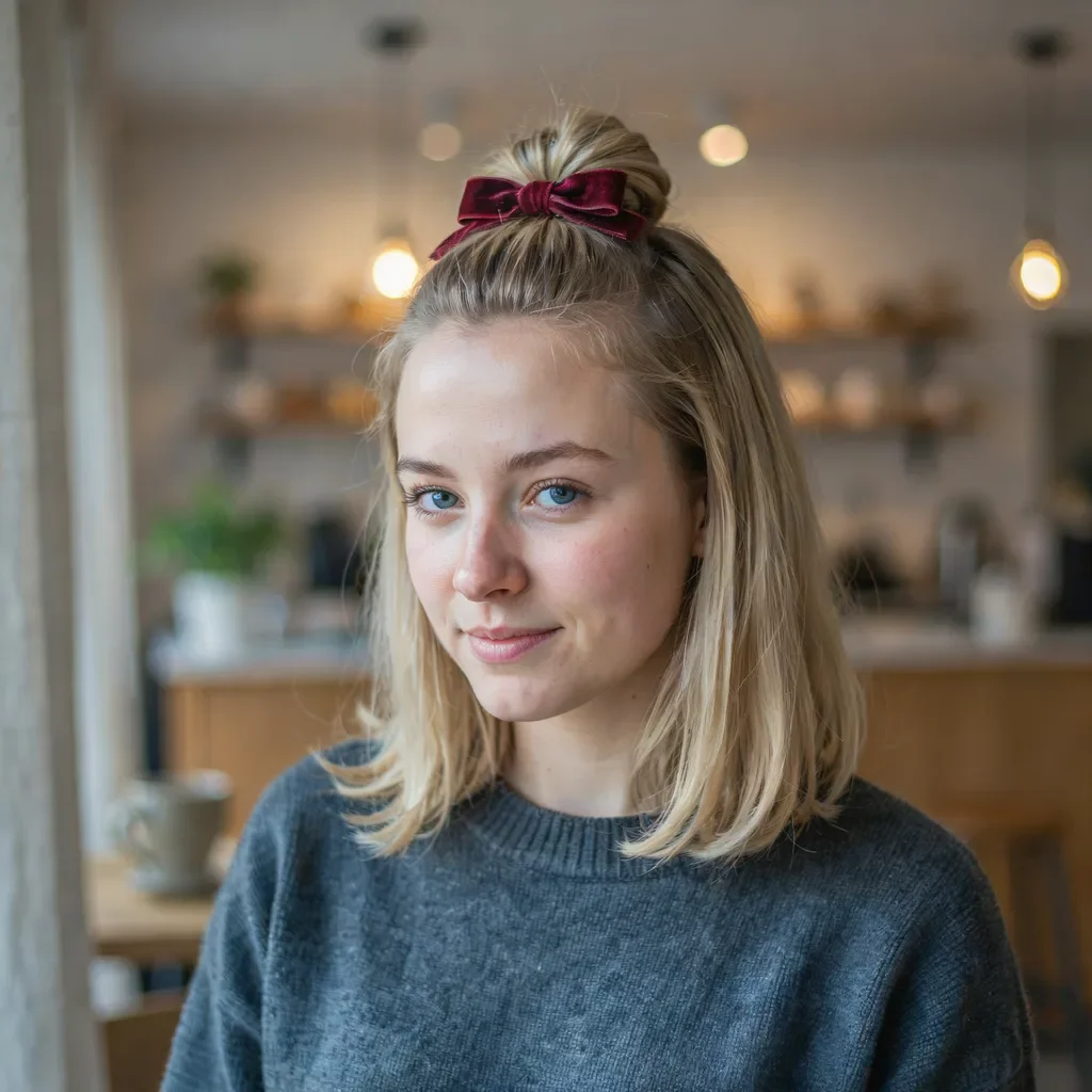 Classic half-up with a velvet bow for medium length hair