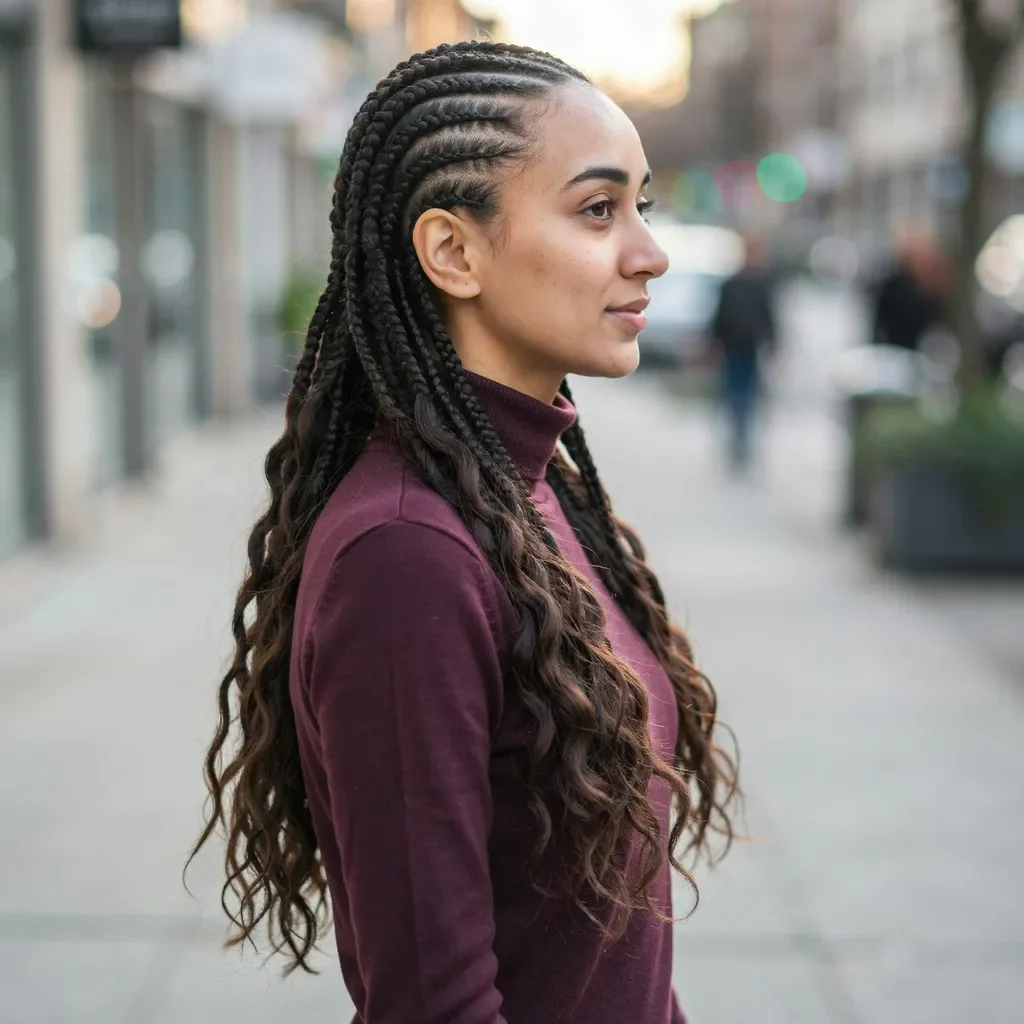 Cornrows with wavy crochet extensions hairstyle