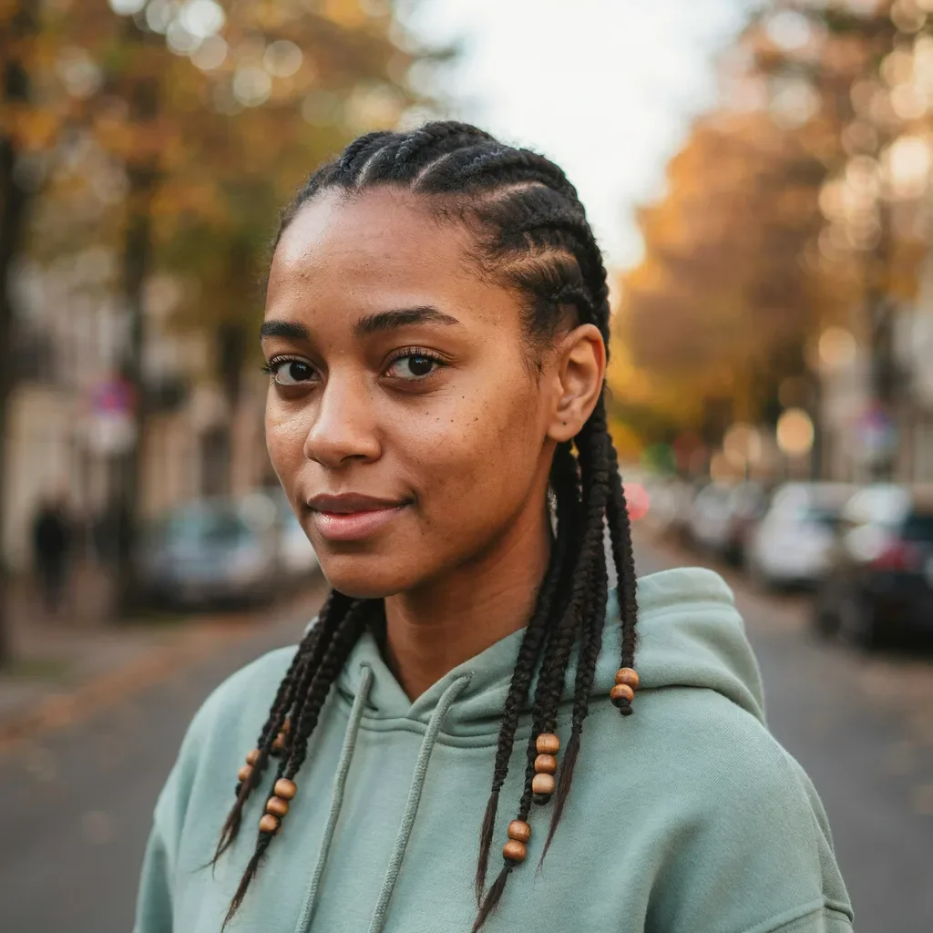 Cornrows with wooden beads on ends hairstyle