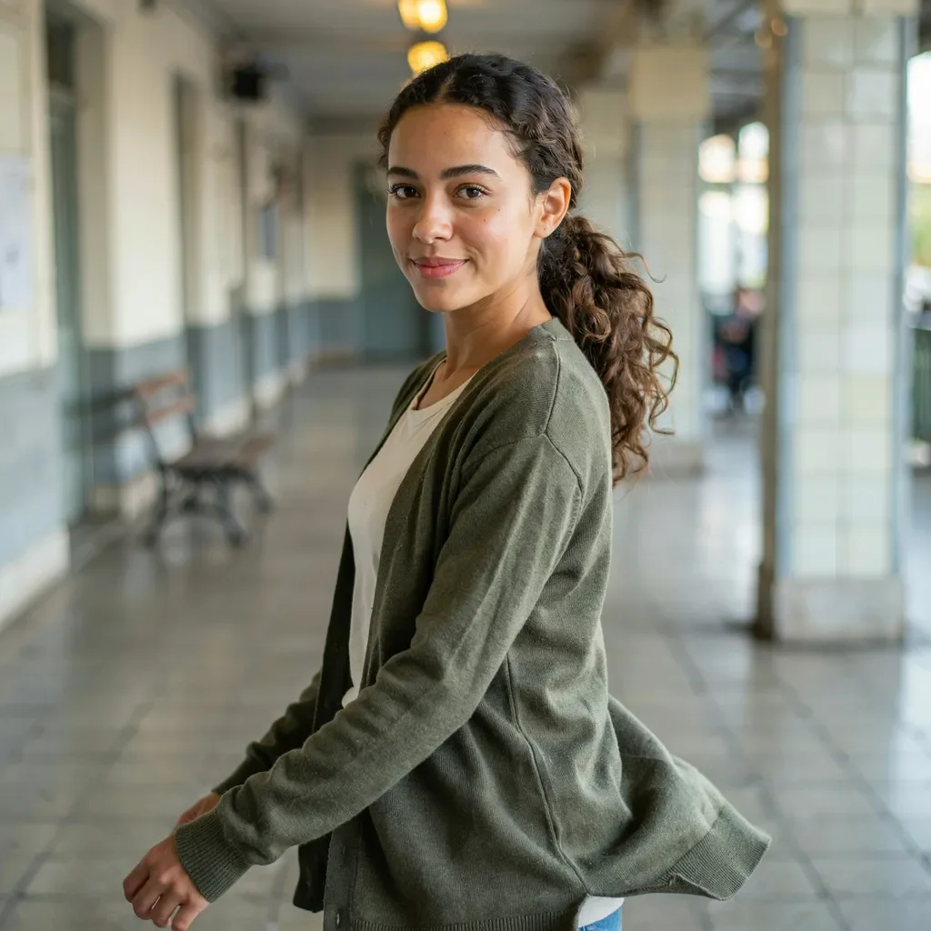 Curly low ponytail with middle part hairstyle