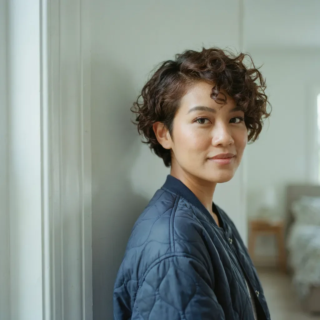 Curly pixie with long bangs hairstyle