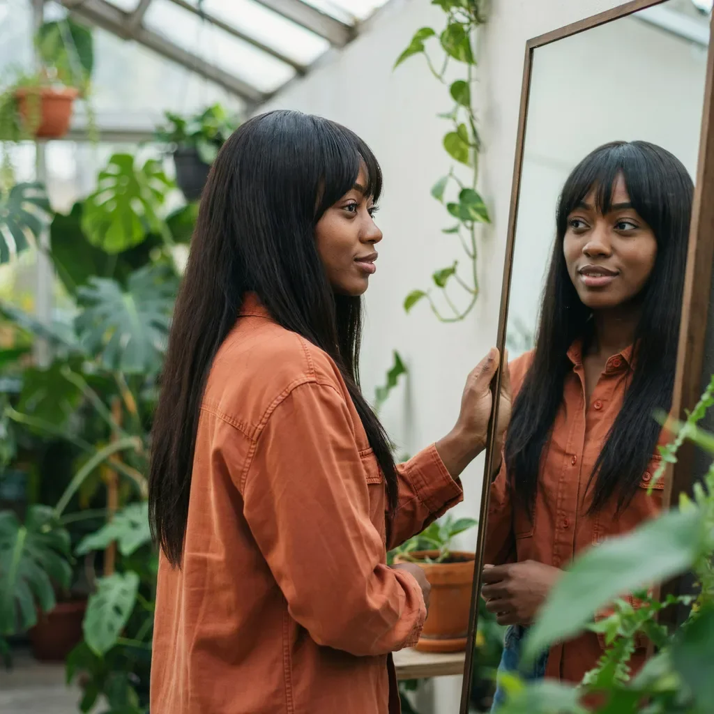 Straight hair with curtain bangs look