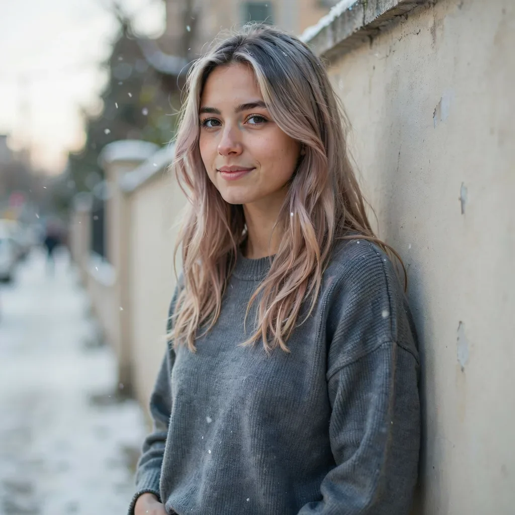 Faded pink ends on natural gray hair hairstyle
