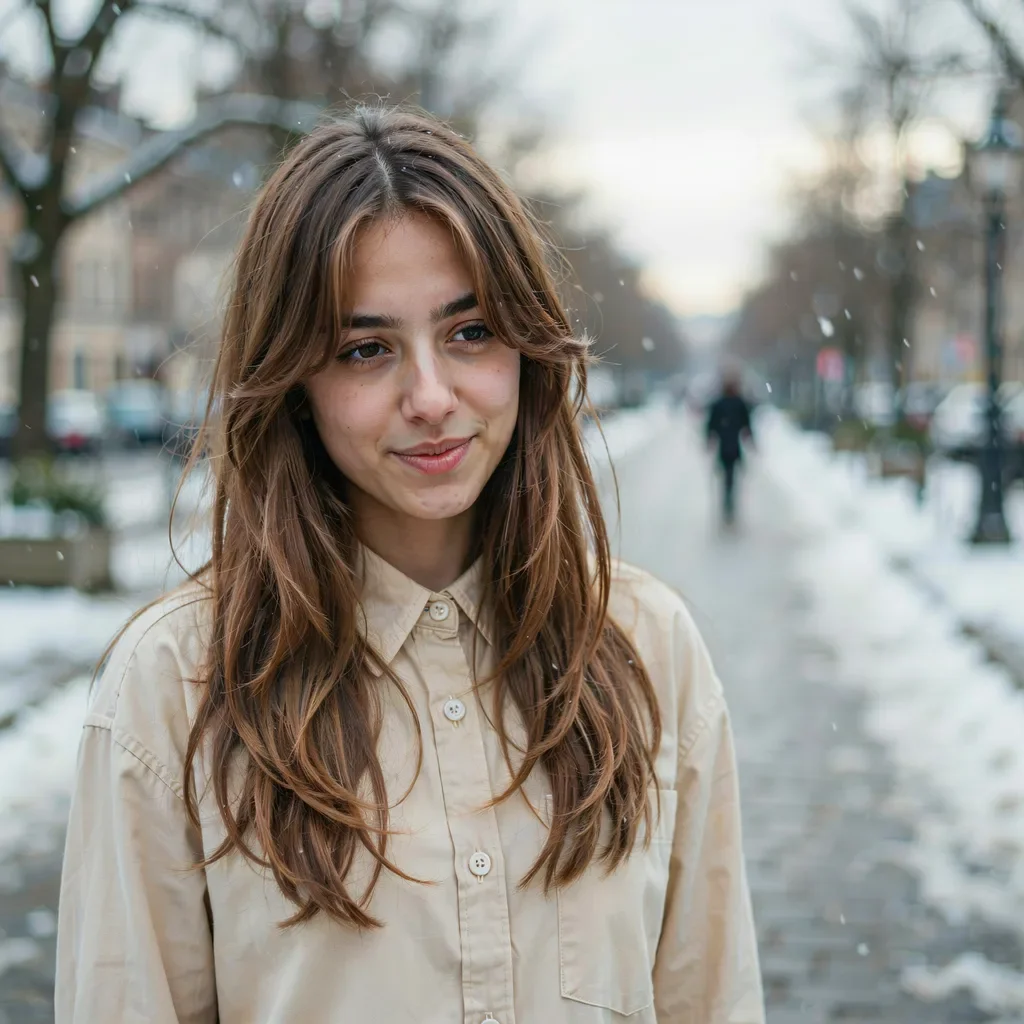 Feathery light brown hair with wispy bangs