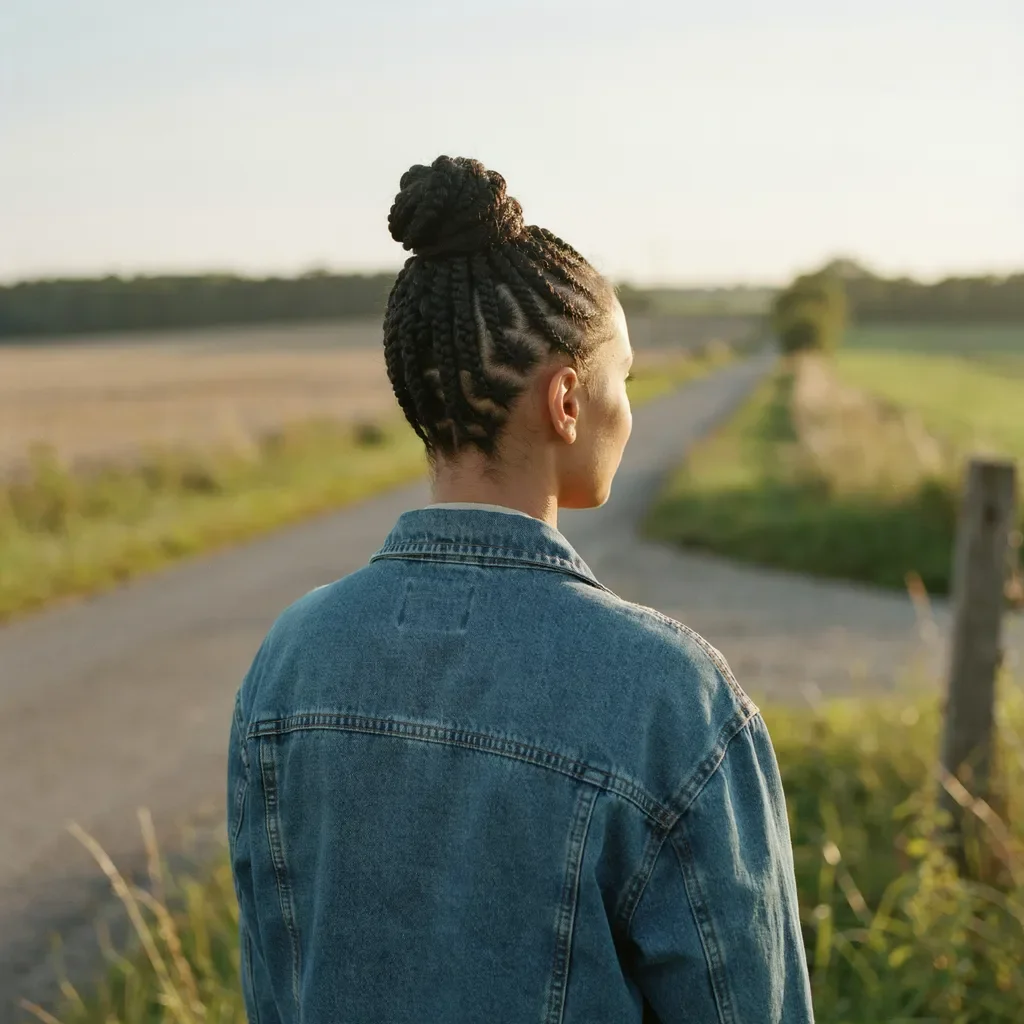 Feed-in cornrows into a high bun hairstyle