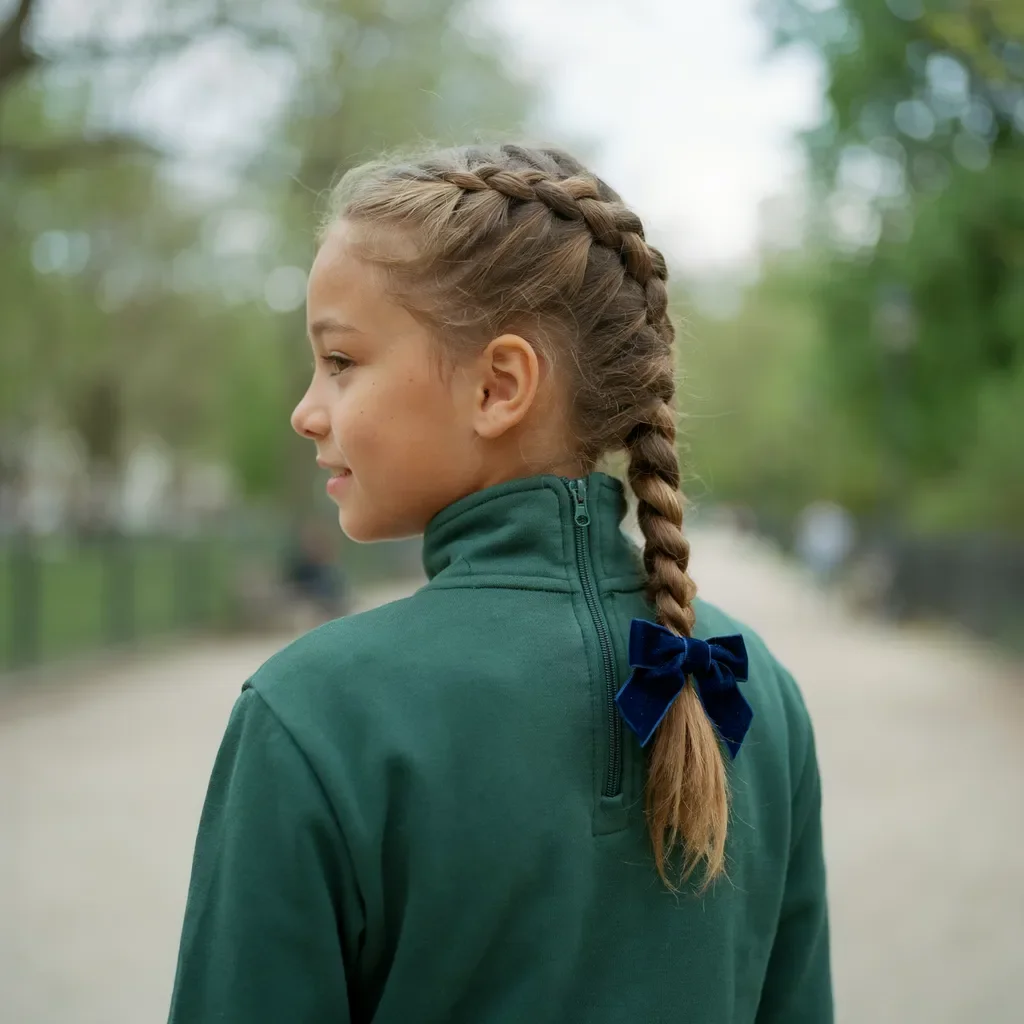 French braid finished with a velvet bow at the nape