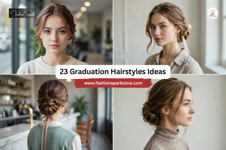 Sleek low bun graduation hairstyle with deep side part and smooth glossy finish.